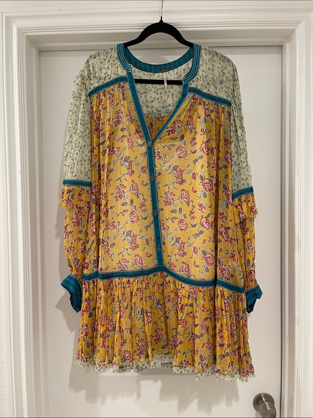 Free People Boho Floral Mixed-Print Peasant Dress - Yellow & Teal